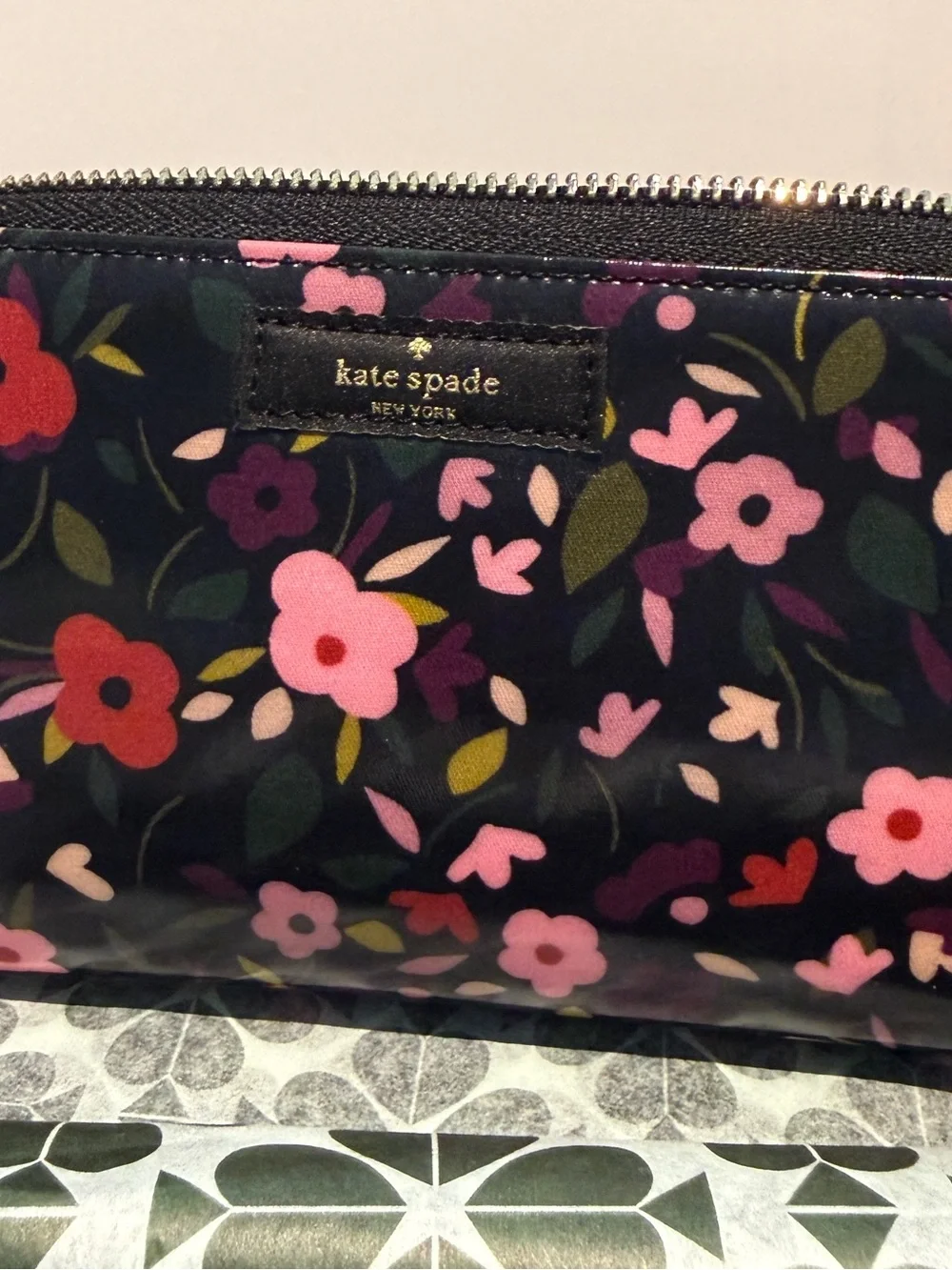Kate Spade Black Floral Wallet w/ Pink & Red Blooms